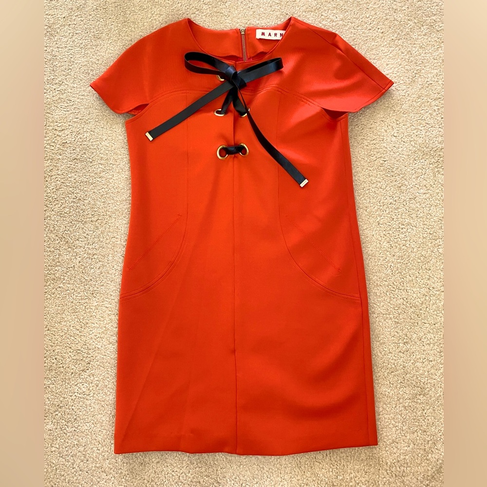 MARNI neoprene shift dress with leather tie